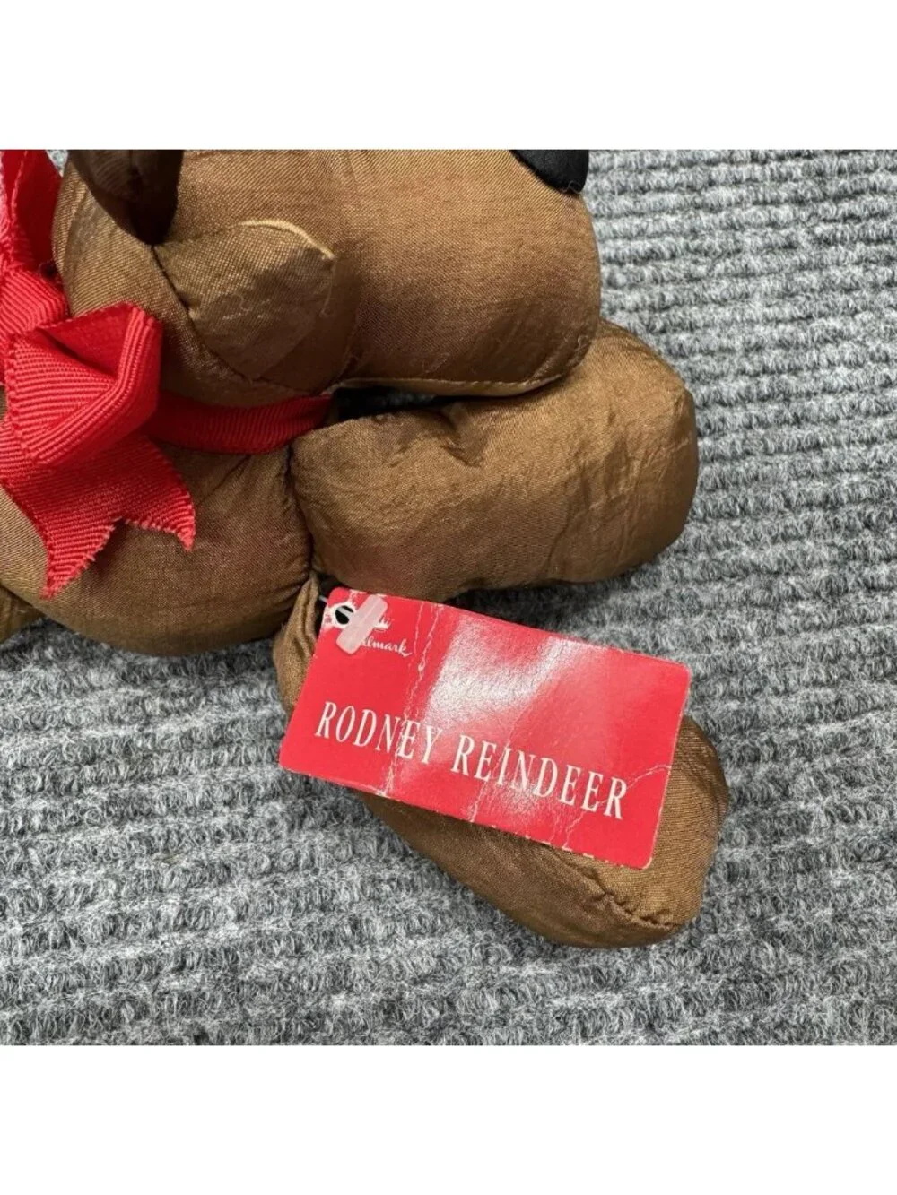 Vintage Hallmark Rodney Reindeer Nylon Plush Puffalump Style Stuffed Red Bow 90s
